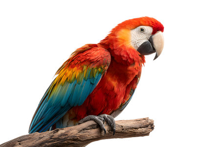A bright red Macaw parrot with blue wings sits perched on a textured wooden branch against a plain white background.の素材
