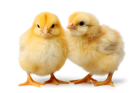Two small yellow chicks stand together on a white background.の素材