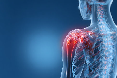 Anatomical view of inflamed shoulder joint showing pain and discomfort in the bone structure.の素材