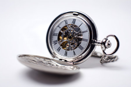 A shiny silver pocket watch with roman numerals opens its face to reveal gears on a white background.の素材