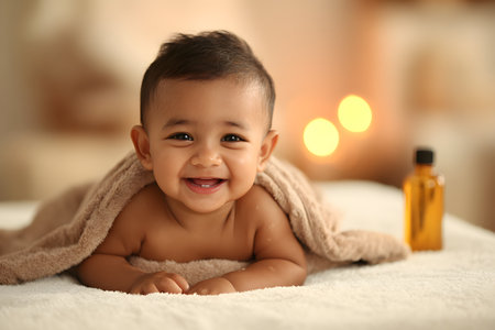 Happy baby lying down wrapped in a blanket looks forward with a smile.の素材