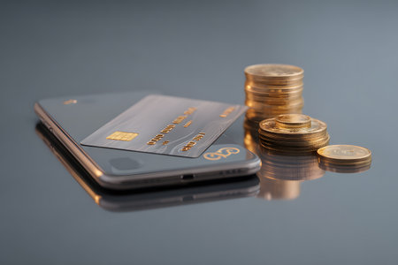 Phone displays digital money cards and coins for payment.の素材