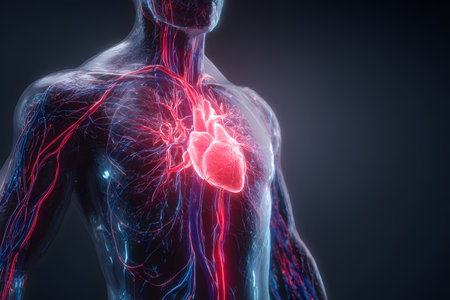 A human body&#39;s heart glows red with arteries and veins visible throughout the chest.の素材