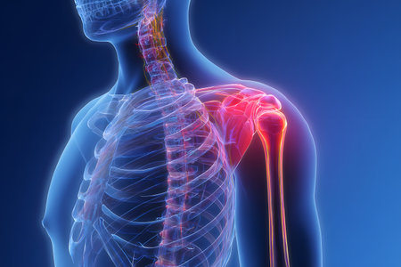 Anatomical shoulder joint with visible bones and glowing red pain.の素材