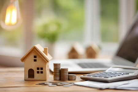 A small house sits near stacks of coins and a calculator.の素材