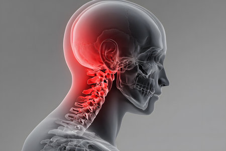 The human head shows painful inflamed neck bones on a gray background.の素材