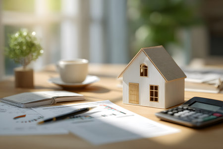 A miniature house sits on a desk with financial papers and a calculator for home planning.の素材