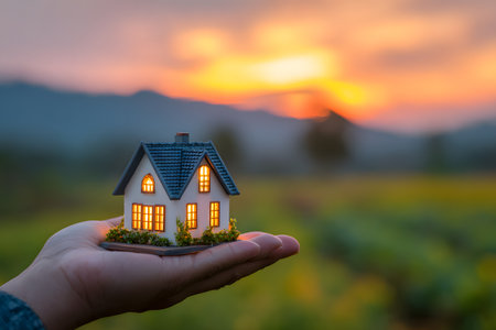 A small house sits on an open palm against a sunset sky.の素材