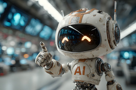 Cute AI robot points finger upward in a room of screens.の素材