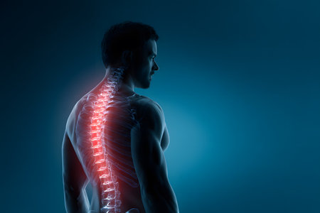 Male torso shows glowing red spine indicating discomfort or pain.の素材