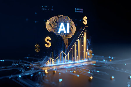 Digital money growth chart with AI brain and currency symbols shows financial progress.の素材