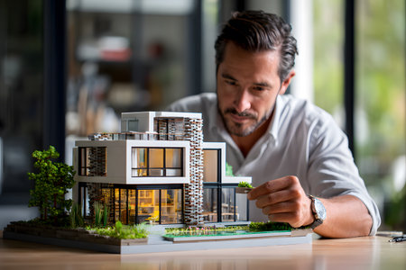 A person arranges a green bush on a modern house model during its creation.の素材