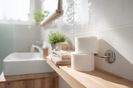 Two rolls of toilet paper rest on a shelf in a bright bathroom.の素材