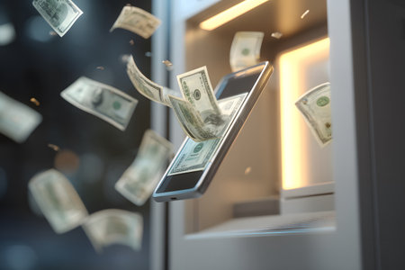 Digital money flows from a mobile device near an ATM machine.の素材
