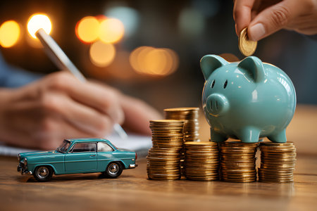Saving money in a piggy bank for a car purchase, with coins stacked high and a small car model nearby.の素材