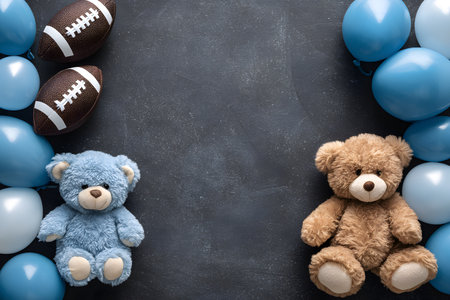 Two teddy bears and footballs with blue balloons sit on a dark background.の素材