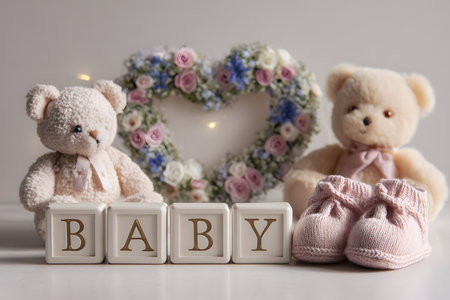 Teddy bears with baby blocks and booties celebrate new lifeの素材