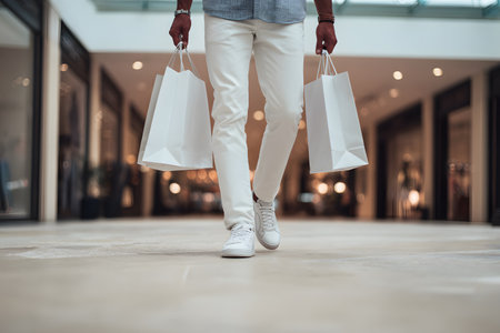 Person walks with shopping bags inside a bright mall.の素材