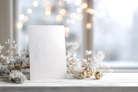 Christmas card stands among snowy branches and gold bells.の素材
