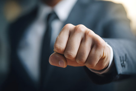 A fist shown forward in a business suit demonstrates strength and determination.の素材