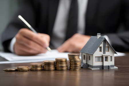 A tiny house sits on a table next to stacks of coins while a hand signs a document.の素材