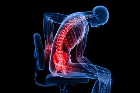 A person experiencing back pain while sitting on a chair highlights the discomfort.の素材