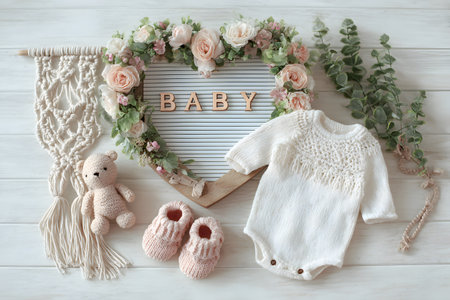 Baby outfit and teddy bear arranged with flowers and greeneryの素材