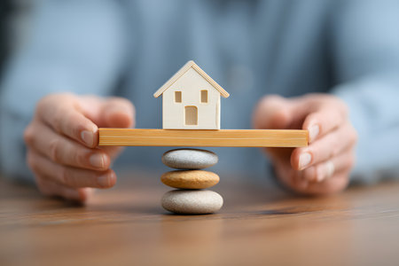 A small house rests on a wooden beam balanced on stack of stones.の素材