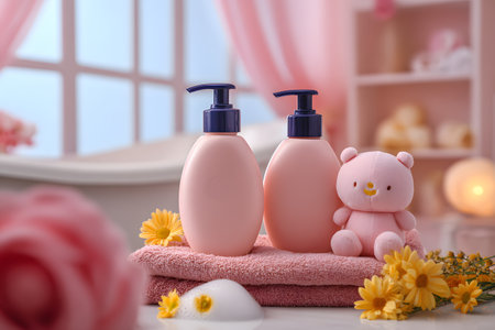 Baby soap bottles stand with a teddy bear and flowers near a tub.の素材