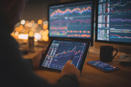 Digital money charts on screens showing growth analysisの素材