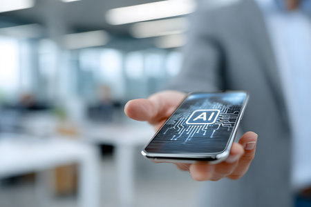 AI concept displayed on a mobile device screen held out.の素材