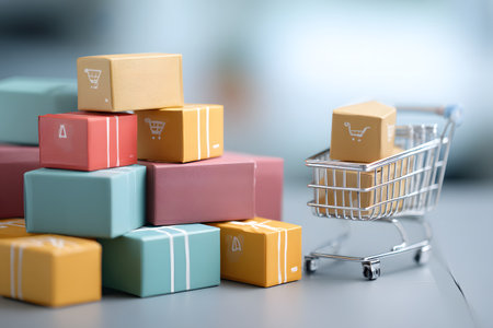 Small shopping cart holds boxes with shopping icons for online purchase concept.の素材