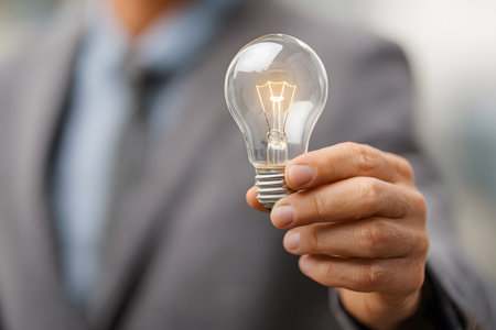 A hand holds a lit light bulb, symbolizing a bright idea.の素材