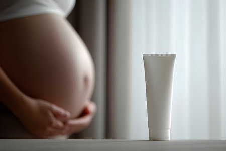 Pregnant belly and cream tube waiting for baby.の素材