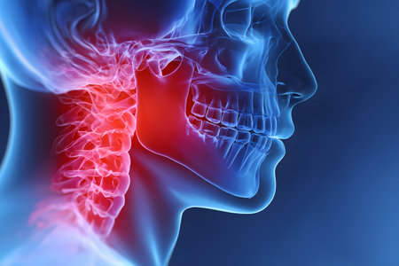 The human head shows a painful neck with red inflammation.の素材