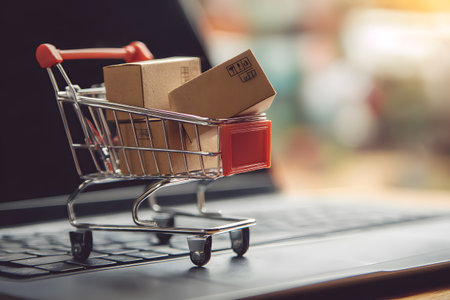 A miniature shopping cart filled with packages sits on a laptop keyboard.の素材