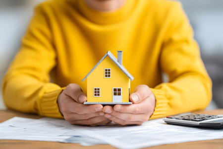 Hands holding a small yellow house model over documents and a calculator suggesting home ownership planning.の素材