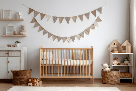 The baby crib stands ready in a decorated nursery room.の素材