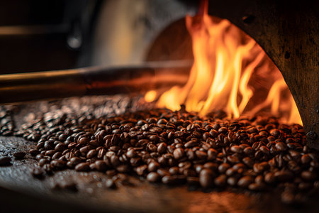 Coffee beans roast in an oven with flames.の素材