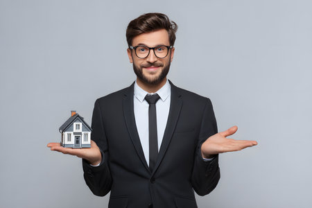 A person holds a small house model in their hand offering it.の素材
