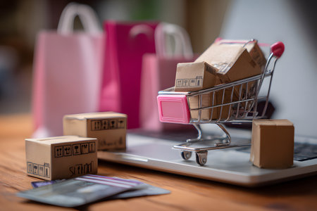 Miniature shopping cart with boxes sits on a laptop with bags nearby.の素材