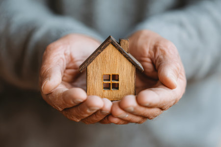 A small wooden house rests gently in open hands.の素材