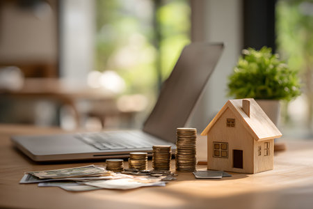 A small house model sits near stacks of coins and banknotes on a wooden table with a laptop and plant.の素材