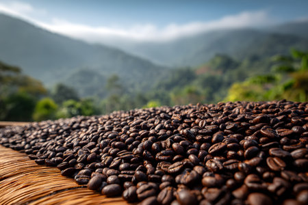 Coffee beans sit on wood with mountains in the background.の素材