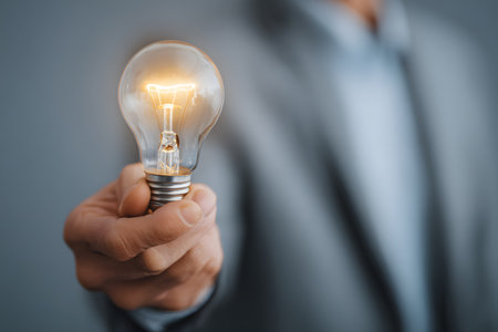 A hand holds a bright light bulb showing a new idea.の素材