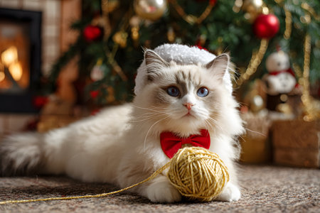 A fluffy cat wears a Christmas hat and red bow with a ball of yarn.の素材