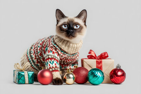 A cat wearing a Christmas sweater sits among gifts and decorations.の素材