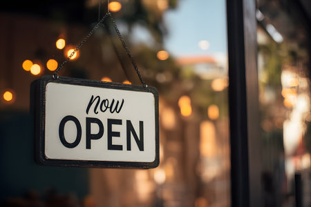 A sign shows the message now open for business.の素材