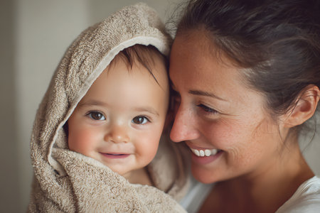 A happy baby wrapped in a soft towel smiles closely with a smiling woman.の素材