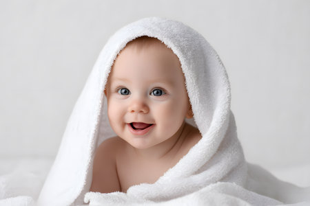 Happy baby smiling under a white towel after bath time.の素材